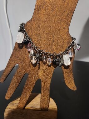 Silver Charm Bracelet with Clear and Purple Beads - Women Jewelry